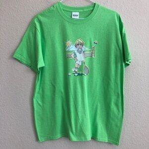 Vintage 1980s Tennis Player Racket Iron-On On New Green Short Sleeve T-Shirt Tee